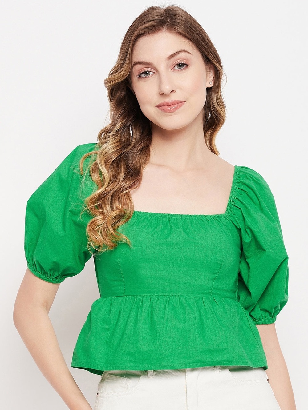 Sim And Sam Top Kelly Green Poplin Babydoll Top CottageCore Festival Puff Sleeve